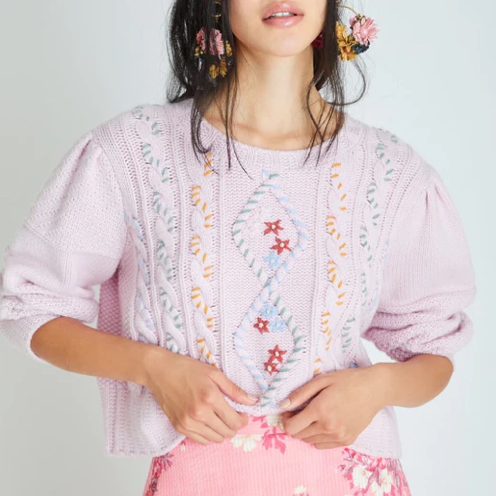 Loveshackfancy Leni Cableknit Crew Neck Pink Embroidered Sweater